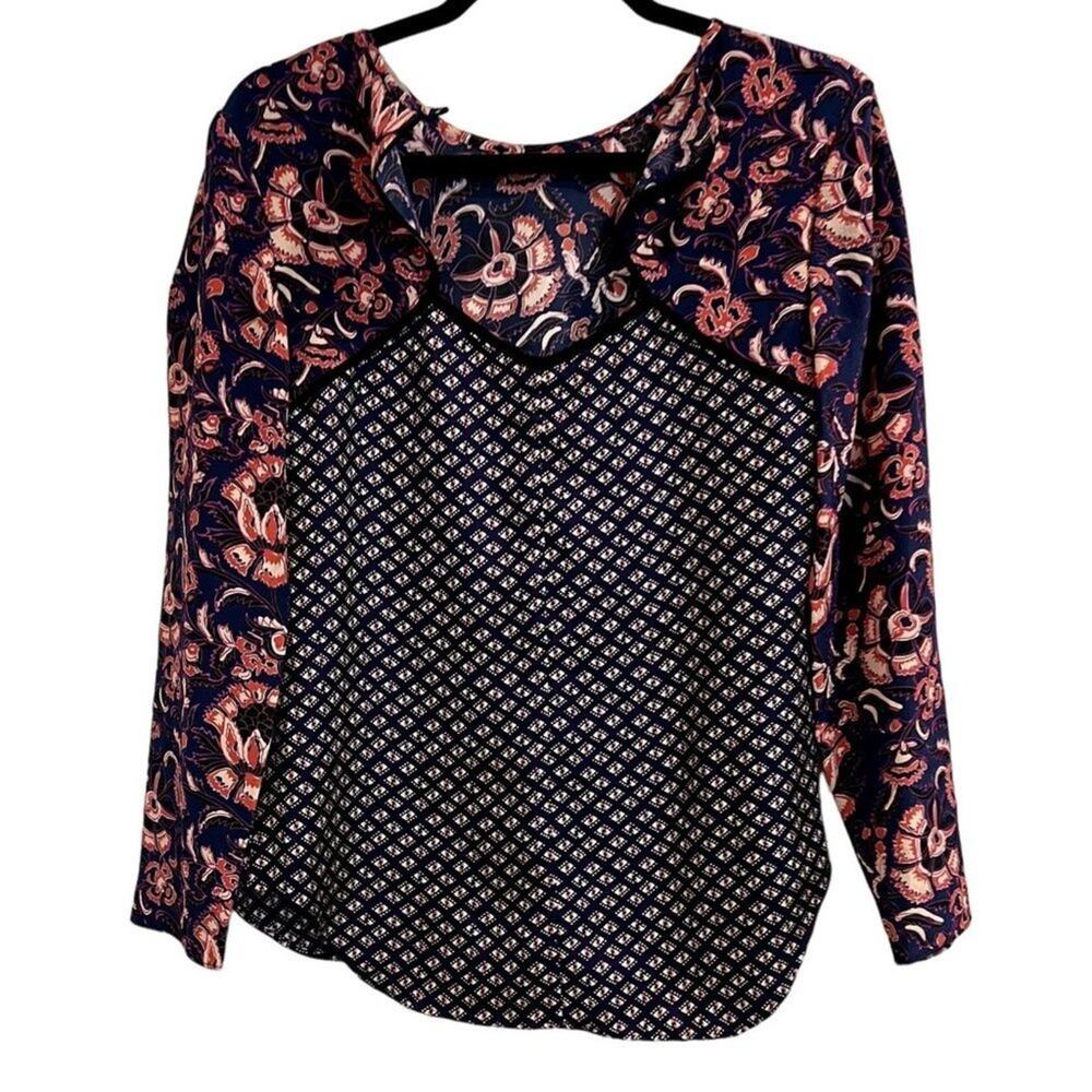 NWOT Veronica Beard Silk Mixed Print Blouse Navy Floral Long Sleeve Sz 2